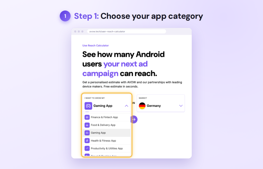 Step 1 of AVOW’s Android User Reach Calculator: choosing an app category, with Gaming App selected from the dropdown.