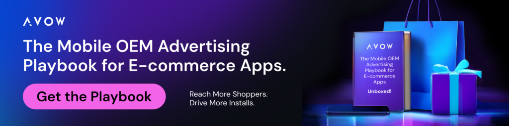 AVOW promo banner for the Unboxed e-commerce app growth guide playbook with gift box and shopping bag. shopping apps