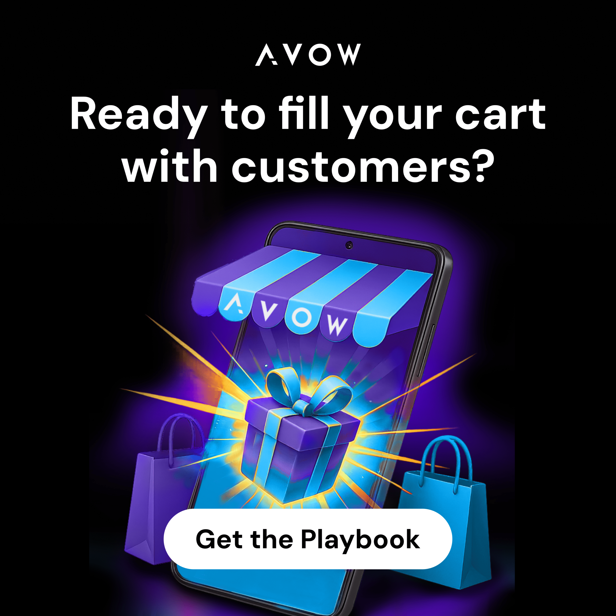AVOW promo showing a smartphone with shopping bags and gift box, promoting the e-commerce app growth guide playbook - shopping apps