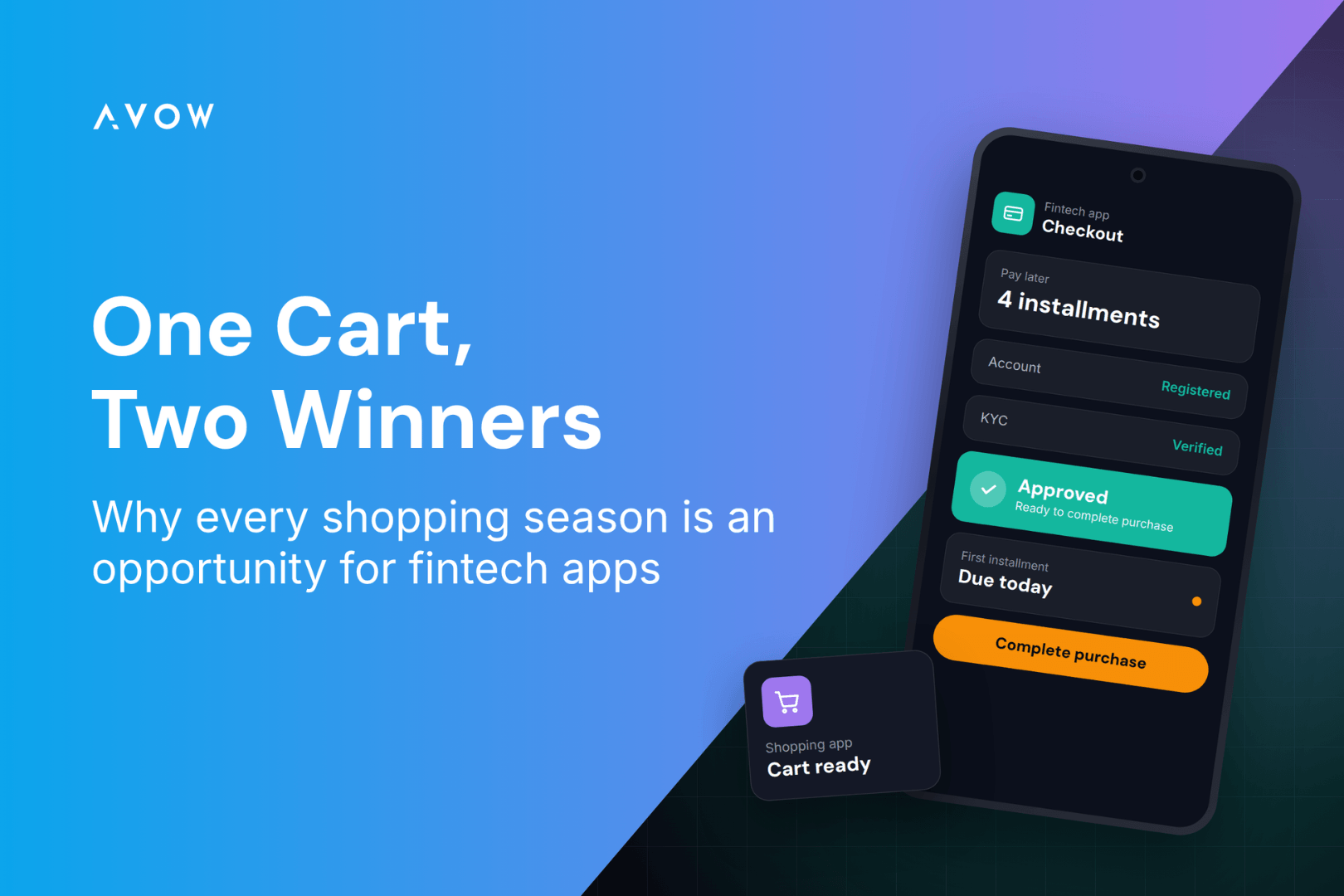 AVOW blog header: One Cart, Two Winners – why every shopping season is an opportunity for fintech apps, showing a shopping app cart next to a fintech app checkout with an approved buy now, pay later payment.